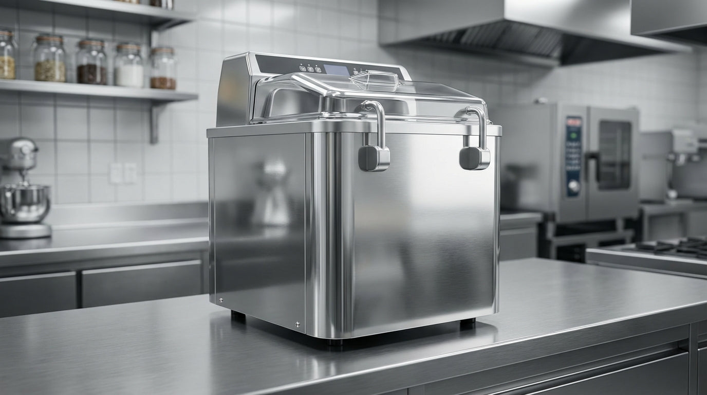 Commercial stainless steel deep fryer on restaurant kitchen counter with industrial cookware and tile backsplash