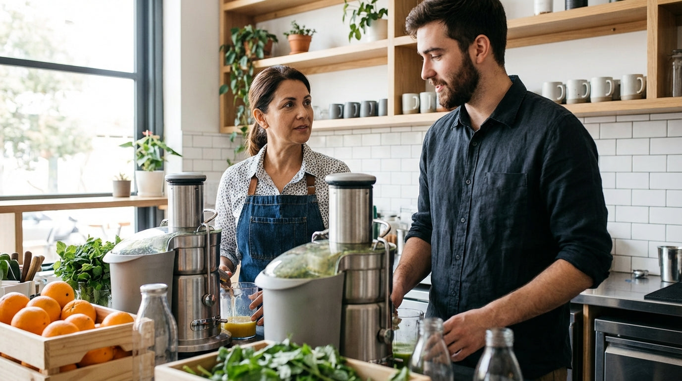 Two people preparing fresh vegetables with a juicer in a bright modern kitchen with oranges and leafy greens on the counter