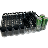 Black plastic beverage organizer rack with adjustable dividers holding three green soda cans on white background