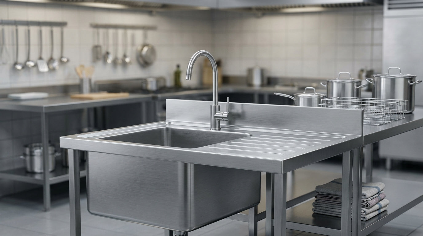 Commercial stainless steel kitchen sink station with faucet and drying rack in professional restaurant prep area