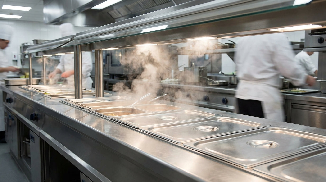 Busy commercial kitchen with chefs working along stainless steel hot food serving line, steam rising from covered trays