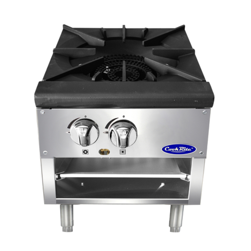 Alt Tag: Cook Rite ATSP-18-1L Durable Stainless Steel Gas Stock Pot Range commercial burner with dual control knobs, stainless steel front
