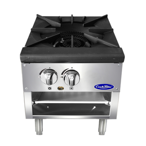 Alt Tag: Cook Rite ATSP-18-1L Durable Stainless Steel Gas Stock Pot Range commercial burner with dual control knobs, stainless steel front