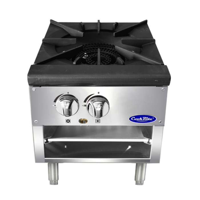 Alt Tag: Cook Rite ATSP-18-1L Durable Stainless Steel Gas Stock Pot Range commercial burner with dual control knobs, stainless steel front