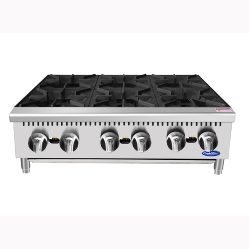 Alt Tag: Cook Rite by Atosa Six Burner 36-Inch Gas Countertop Hotplate ACHP-6 stainless steel commercial 6-burner hotplate front view