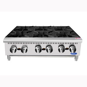 Alt Tag: Cook Rite by Atosa Six Burner 36-Inch Gas Countertop Hotplate ACHP-6 stainless steel commercial 6-burner hotplate front view
