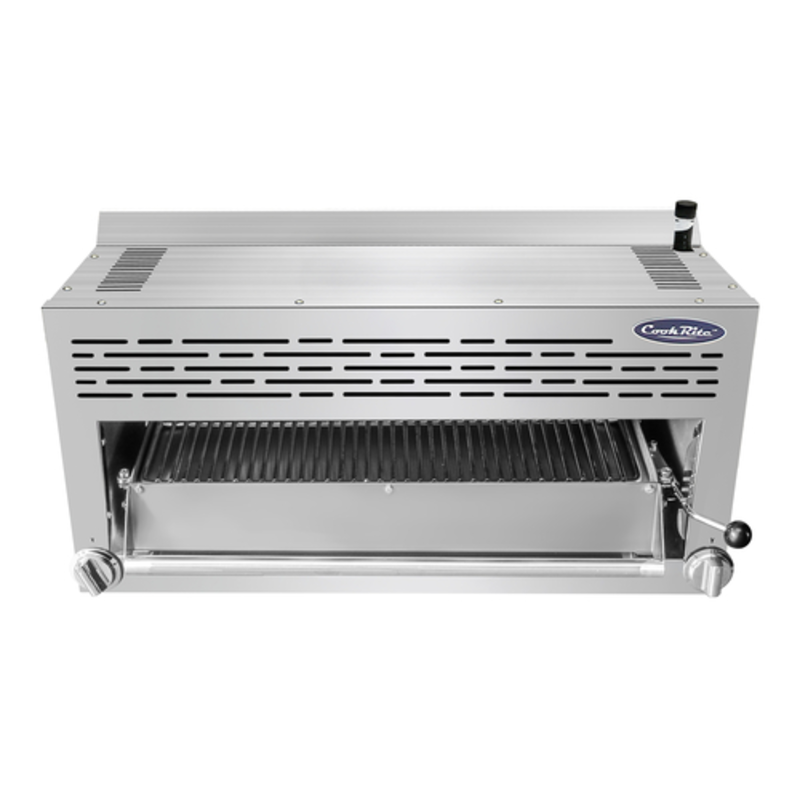 Alt Tag: Cook Rite by Atosa ATSB-36 36-Inch 43,000 BTU Gas Salamander Broiler stainless steel infrared range-mount broiler front view