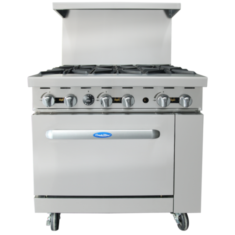 Alt Tag: CookRite AGR-6B-NG 36" Wide Natural Gas Restaurant Range stainless steel commercial range with 6 burners and oven