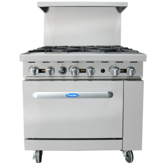 Alt Tag: CookRite AGR-6B-NG 36" Wide Natural Gas Restaurant Range stainless steel commercial range with 6 burners and oven