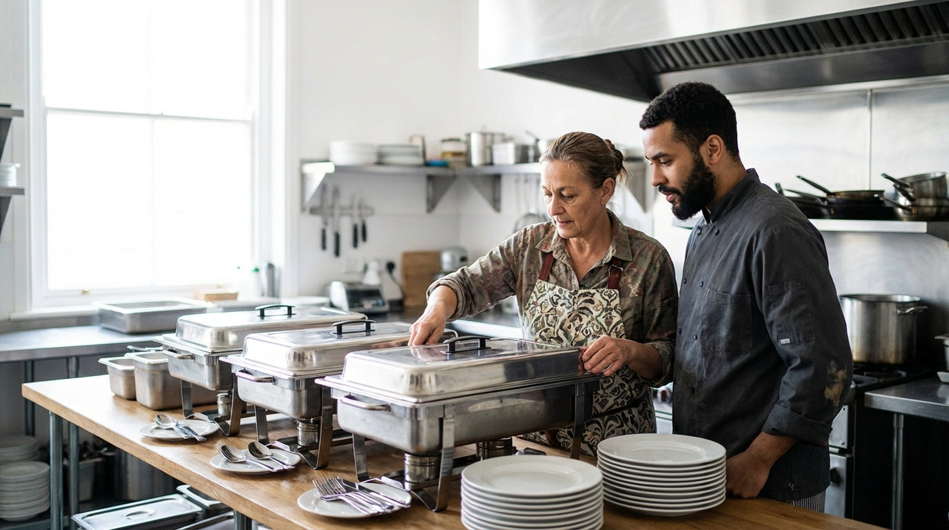 Chef and kitchen staff preparing food at a restaurant buffet station with chafing dishes and stacked plates