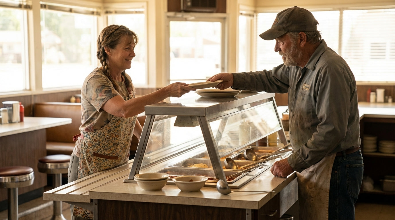 Woman serving food to man over cafeteria counter with buffet trays in a sunlit diner