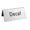 Alt Tag: Omcan 80138 Crystal Clear 4-Inch Wide Acrylic Tabletop Tent Card Holder with "Decaf" tabletop sign insert