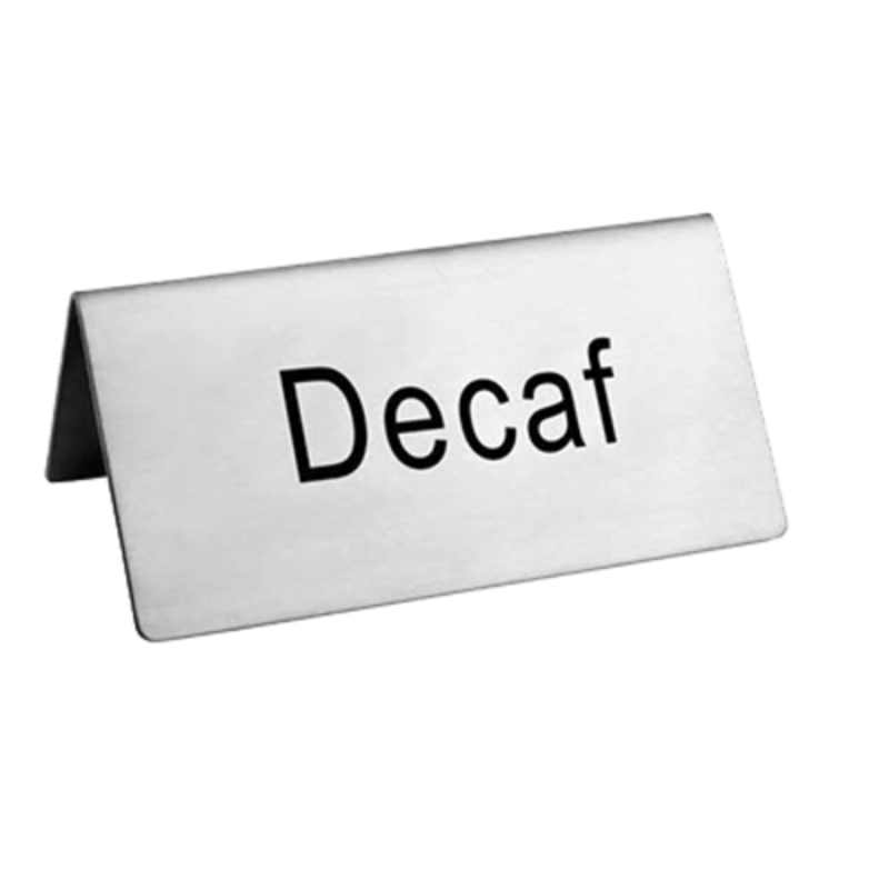 Alt Tag: Omcan 80138 Crystal Clear 4-Inch Wide Acrylic Tabletop Tent Card Holder with "Decaf" tabletop sign insert