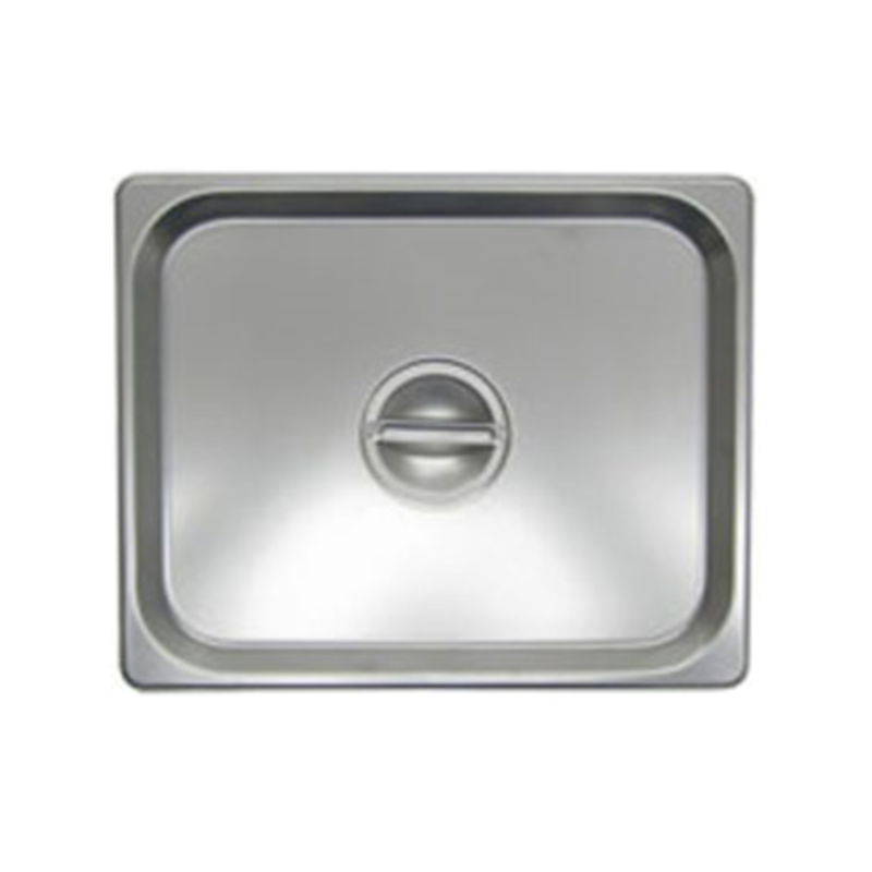 Alt Tag: half size stainless steel steam table pan cover with flat solid design and center handle for commercial food service