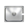 Half Size Stainless Steel Steam Table Pan Cover With Integrated Utensil Slot For Food Protection And Temperature Maintenance.