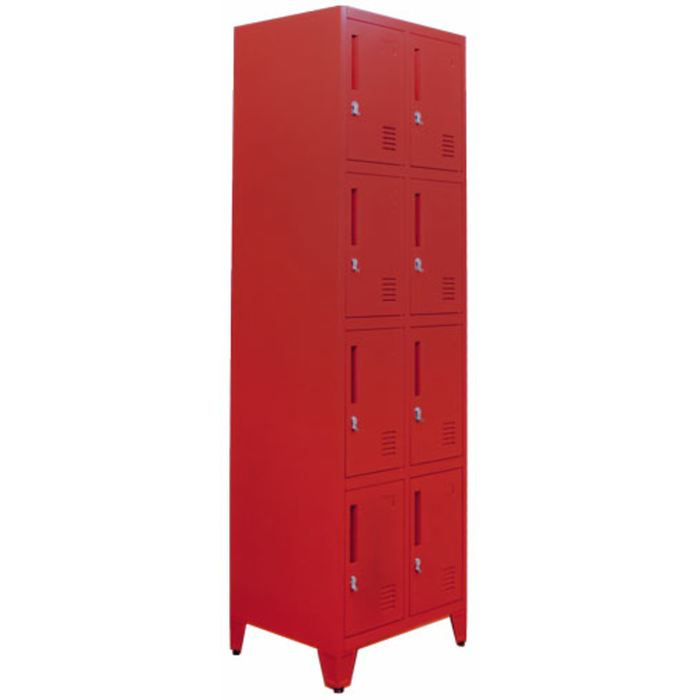 Alt Tag: Omcan 48882 Red Steel 8-Door Storage Locker Unit four-tier red metal locker with 8 doors for gym, school, staff rooms