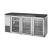 True 72-Inch Three-Door Outdoor Glass Back Bar Cooler With Sleek Stainless Steel Design