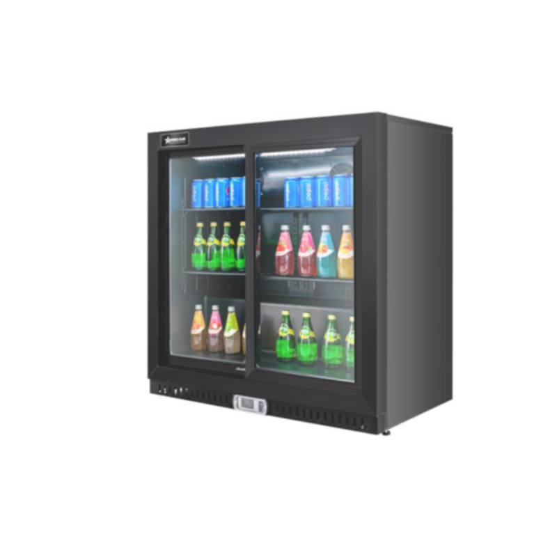 Omcan 48791 36-Inch Black Sliding Door Back Bar Refrigerator With Assorted Beverages Inside