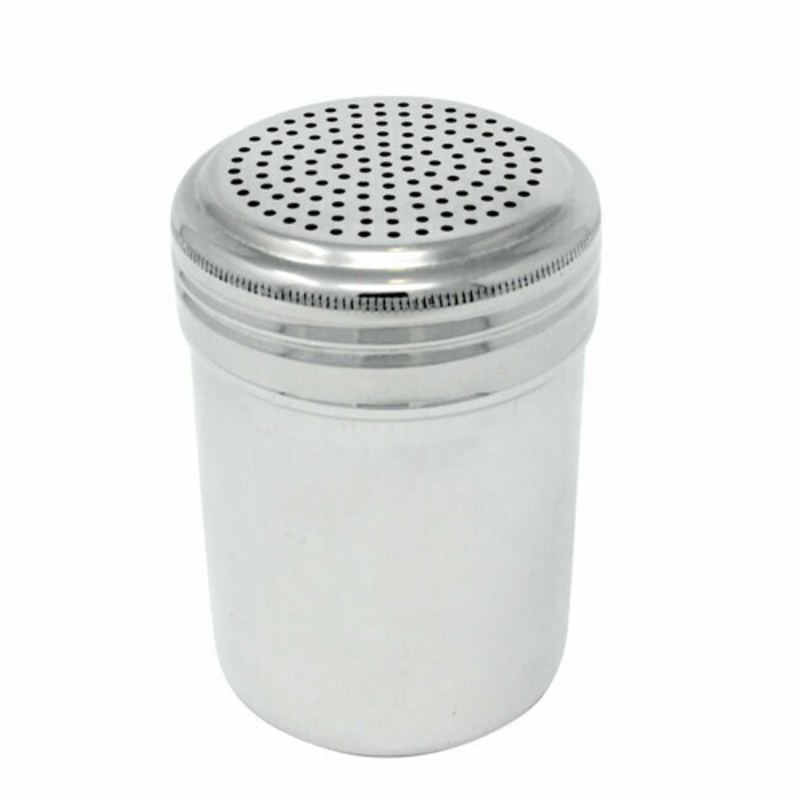 Alt Tag: Omcan 80743 Commercial Stainless Steel Shaker Dredge, 10 oz Capacity stainless steel perforated lid shaker for flour, sugar, spices