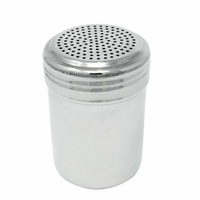 Alt Tag: Omcan 80743 Commercial Stainless Steel Shaker Dredge, 10 oz Capacity stainless steel perforated lid shaker for flour, sugar, spices