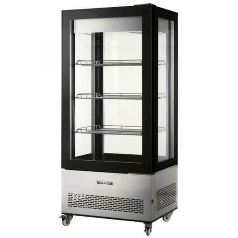 Four-Sided Glass Refrigerated Display Case Showcasing Pastries And Beverages With Bright LED Lighting