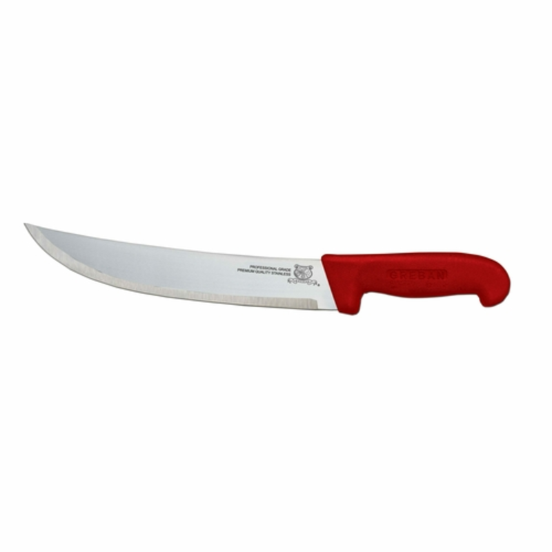 Alt Tag: Omcan 12220 Steak Knife with 10-Inch Blade Red Handle, curved stainless steel blade and red handle for meat cutting