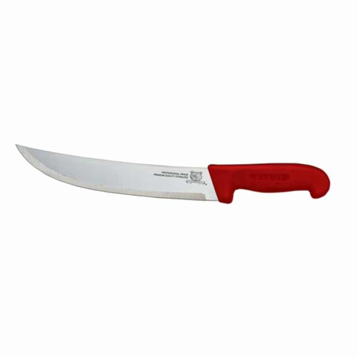 Alt Tag: Omcan 12220 Steak Knife with 10-Inch Blade Red Handle, curved stainless steel blade and red handle for meat cutting