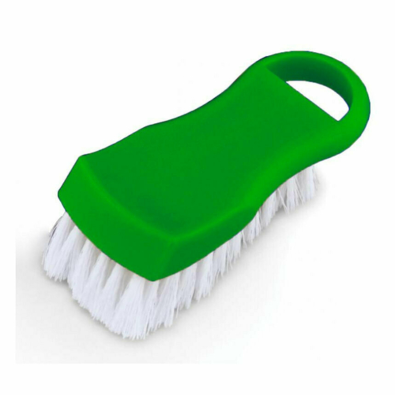 Alt Tag: Omcan 80503 Countertop and Food Prep Cleaning Brush, 8-Inch Length green handled cleaning brush with white bristles for countertops