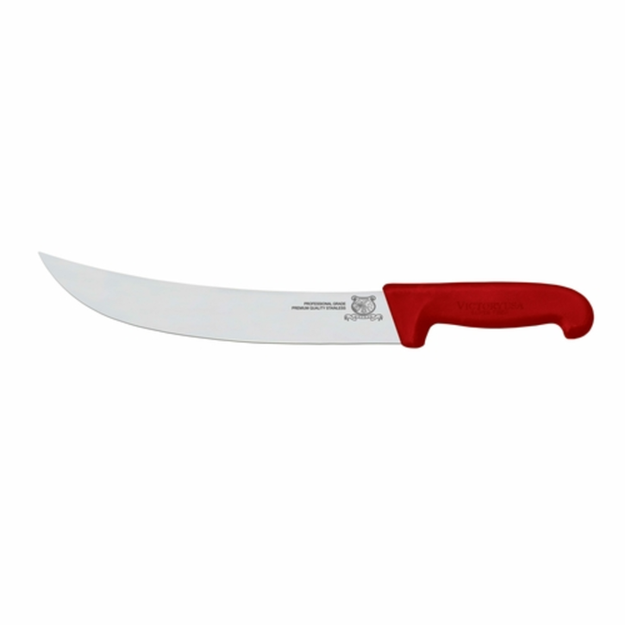 Omcan 23884 Durable 5 Inch Stainless Steel Serrated Edge Steak Knife with red handle, stainless steel blade