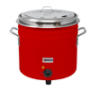Alt Tag: Omcan 44426 11 Qt. Red Coated Retro Soup Kettle, red soup warmer kettle with stainless lid and temperature control knob