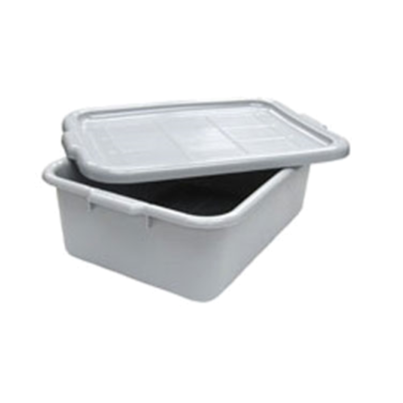 Gray Heavy-Duty Polyethylene Bus Box With Lid For Efficient Foodservice Organization.