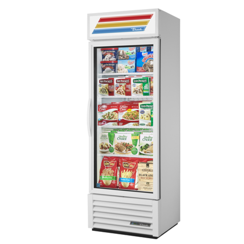 True Manufacturing 27-Inch Swing Glass Door Merchandiser Freezer Displaying Frozen Food Products, Swing Glass Door Merchandiser Freezer