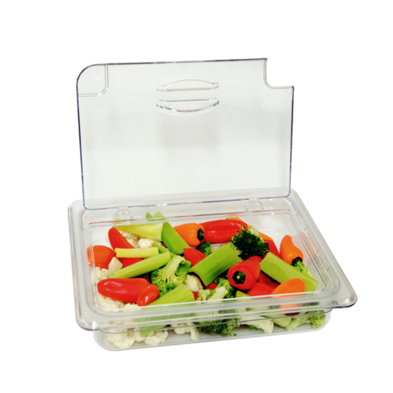 Alt Tag: Omcan 43639 1/2 Size Clear Polycarbonate Flip-N-Lid Food Pan Cover clear hinged lid on half-size pan with fresh vegetables