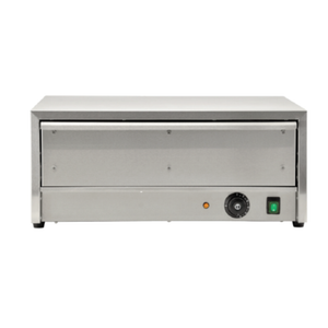 Alt Tag: Omcan 43623 32 Bun Capacity Hot Dog Roll Warmer countertop stainless bun warmer with thermostat dial and power switch