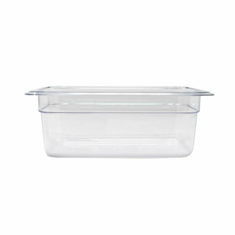 Durable Polycarbonate Food Storage Pan In Clear Color, Ideal For Commercial Kitchen Applications.