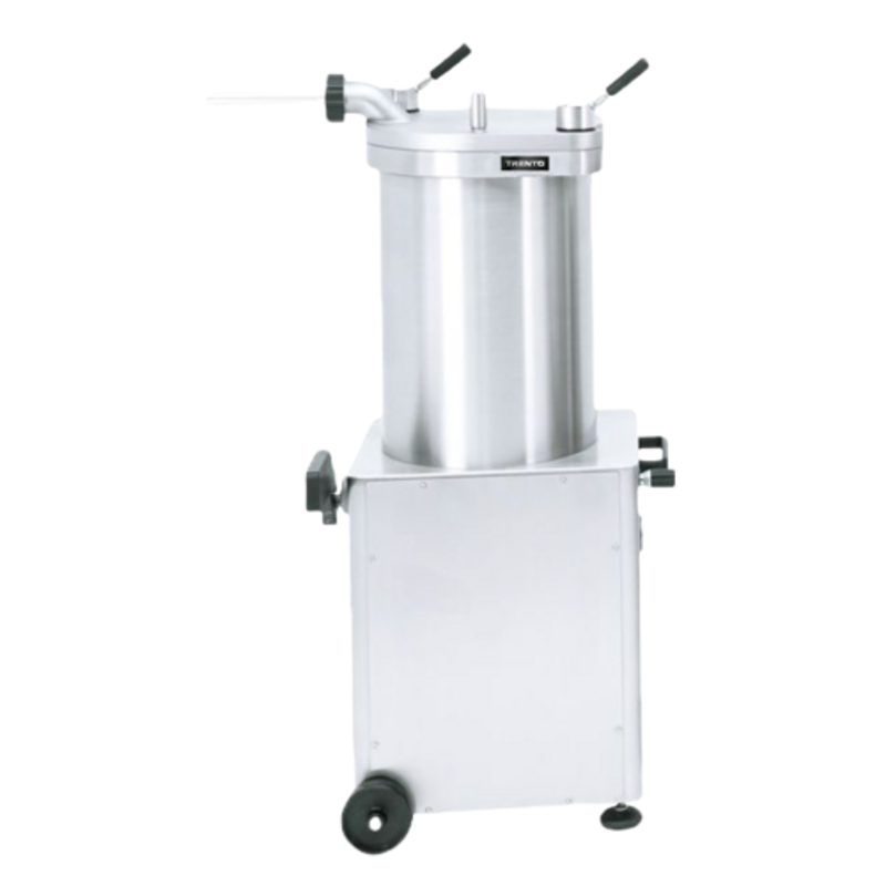 Alt Tag: TRENTO 46103 95 lb. Capacity Stainless Steel Hydraulic Sausage Stuffer commercial vertical stuffer machine on wheels