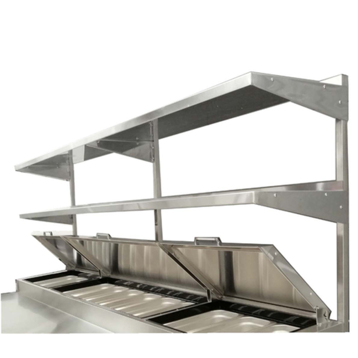 Double Tier Stainless Steel Overshelf With Open Storage Above Food Prep Containers