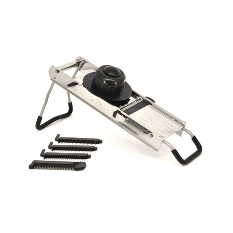 Alt Tag: Omcan 13659 Stainless Steel Mandoline Slicer with 5 Blades stainless steel vegetable slicer with adjustable stand and interchangeable blades
