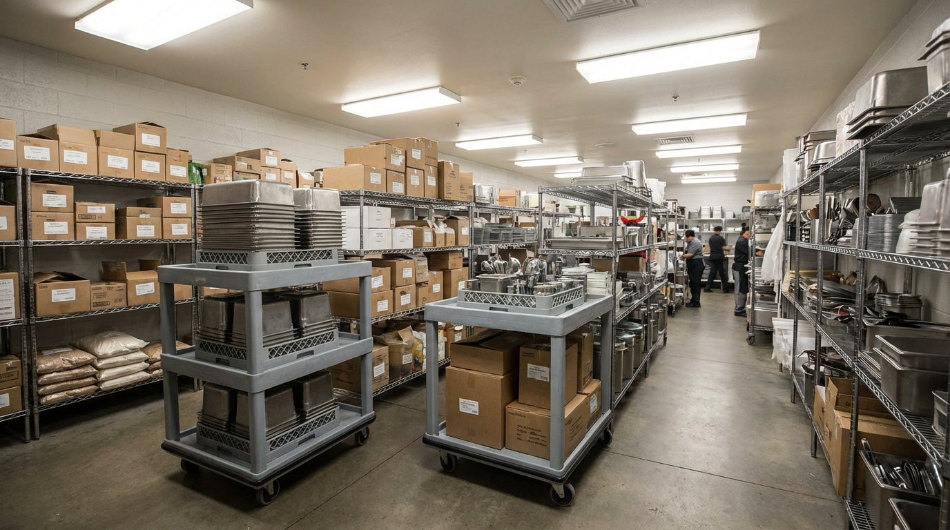 Commercial kitchen supply warehouse with shelves of boxed inventory, stainless steel racks, and staff organizing equipment