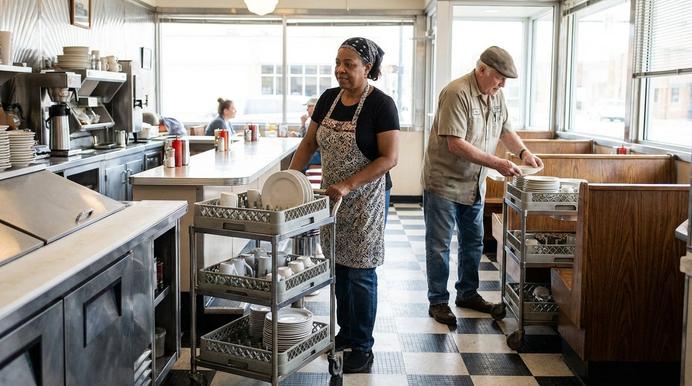 Restaurant staff washing dishes in a busy commercial kitchen, woman loading dish racks while man prepares dish cart