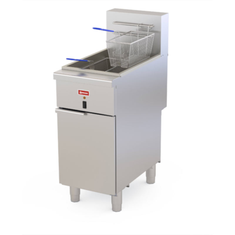 Alt Tag: OMCAN 48554 50 lb. Capacity Floor Model Electric Fryer stainless steel open pot fryer with basket for commercial kitchens