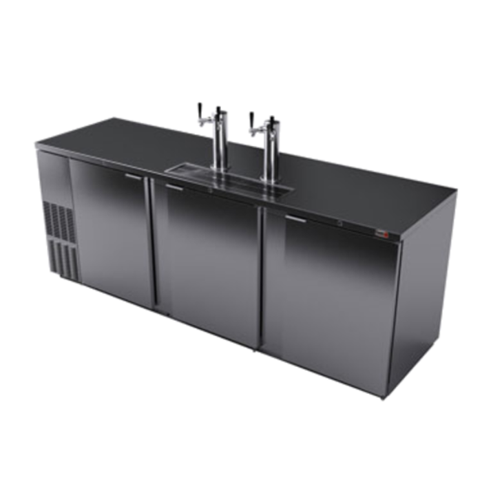 Alt Tag: Fagor FDD-95S-N-HC 95-1/2" Three Door Direct Draw Beer Cooler stainless steel three-door back bar cooler with dual draft towers