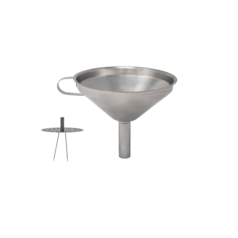 Alt Tag: Omcan 80415 Stainless Steel Funnel 16.2 Quart Commercial Liquid Transfer Tool with handle and strainer for kitchen liquid transfer