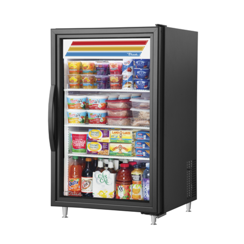 Countertop Glass Door Merchandiser With Assorted Beverages And Snacks Displayed Inside, Ideal For Cafes And Delis
