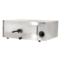 Alt Tag: Omcan 43219 Countertop Electric Pizza Oven 12-inch Capacity stainless steel commercial countertop pizza oven with front door handle and control dial