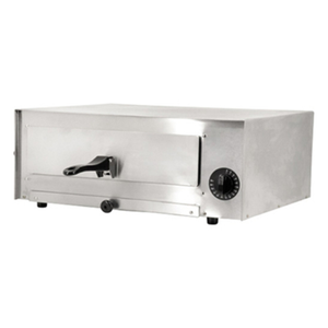 Alt Tag: Omcan 43219 Countertop Electric Pizza Oven 12-inch Capacity stainless steel commercial countertop pizza oven with front door handle and control dial