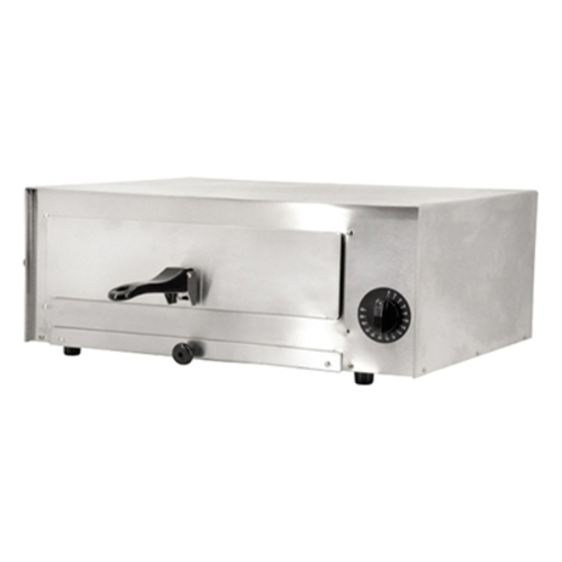 Alt Tag: Omcan 43219 Countertop Electric Pizza Oven 12-inch Capacity stainless steel commercial countertop pizza oven with front door handle and control dial