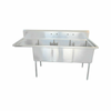 Three Compartment Prep Sink With Drainboard Featuring Stainless Steel Construction And Three Compartments For Food Preparation.