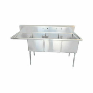 Three Compartment Prep Sink With Drainboard Featuring Stainless Steel Construction And Three Compartments For Food Preparation.