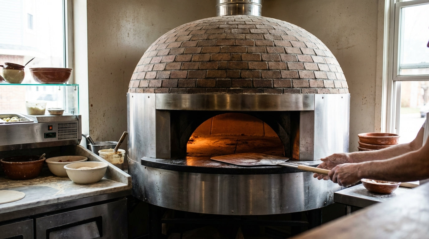 Chef using wood-fired brick pizza oven in restaurant kitchen, baking artisanal pizza with long peel